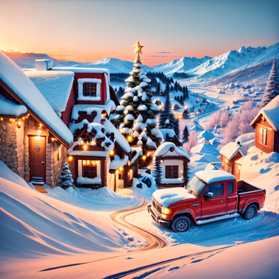 Snowy Christmas Village Digital Painting Off-Road Vehicle QR Code for Greeting Cards — image 1