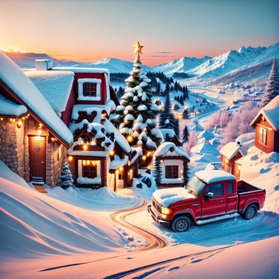 Snowy Christmas Village Digital Painting Off-Road Vehicle QR Code for Greeting Cards