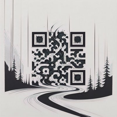 Извилистая речная долина в технике тату тушью: QR-код для временных татуировок