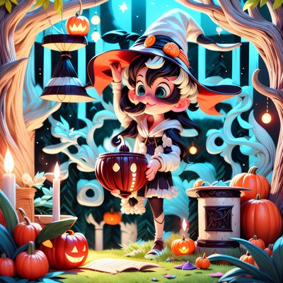 Cartoon Witch Halloween Forest QR Code for Posters