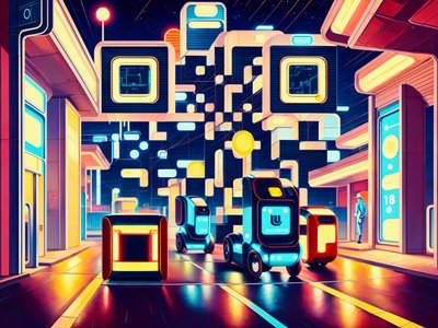 Retrofuturist Delivery Robots Night Street QR Code for Posters