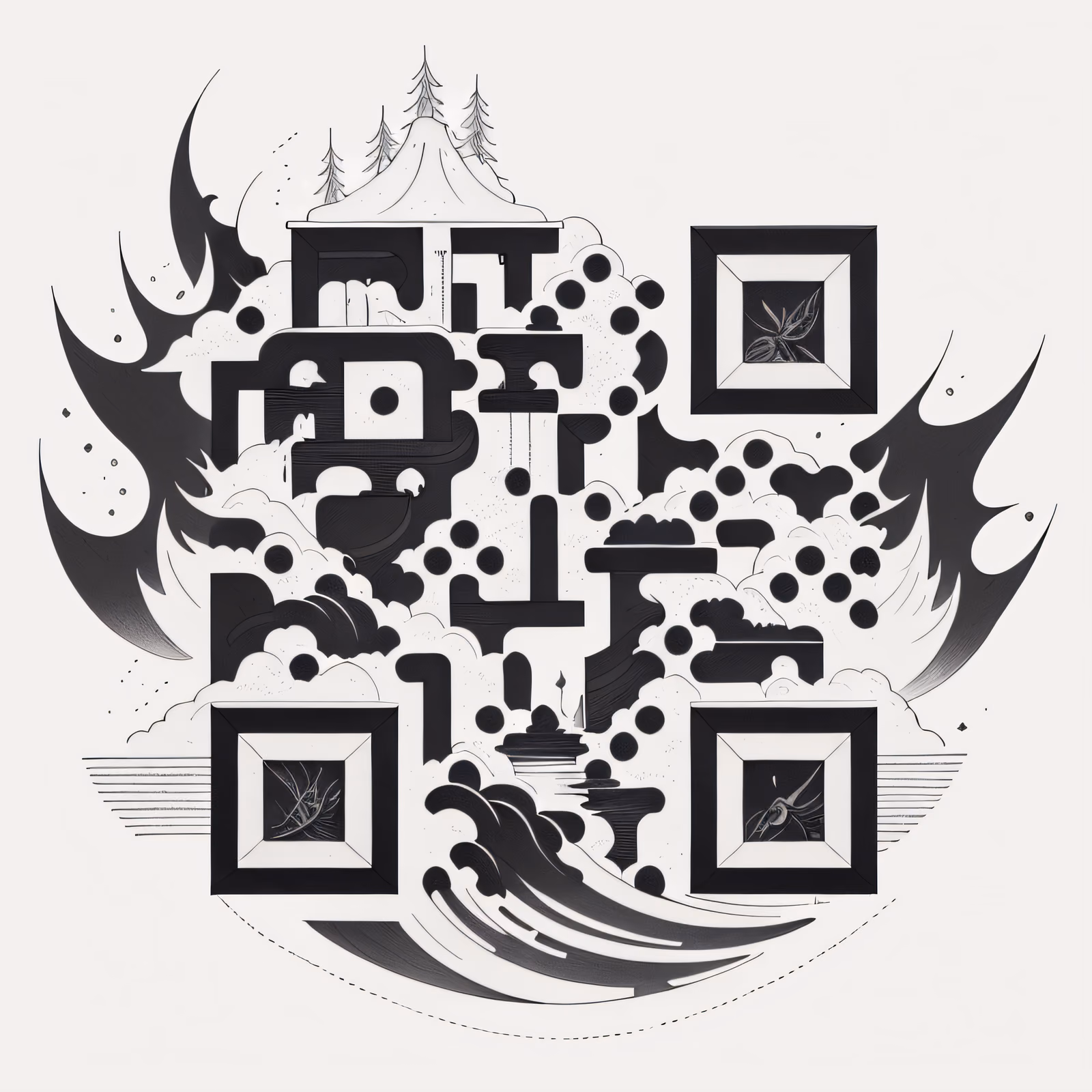 浮空岛瀑布纹身风格二维码艺术，适用于临时纹身 — 图片 1