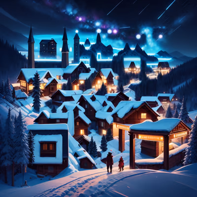 雪山村庄夜景二维码艺术，适用于海报 — 图片 1
