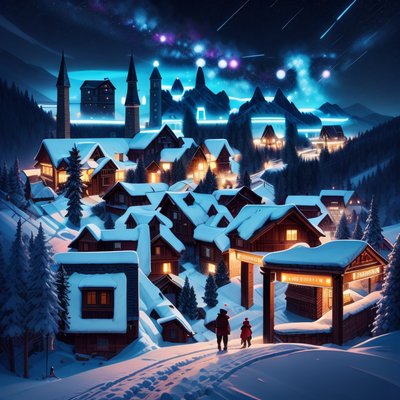 Snowy Mountain Village Night QR Code for Posters