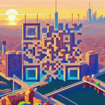 Pixel Art Sunset City Skyline QR Code for Posters