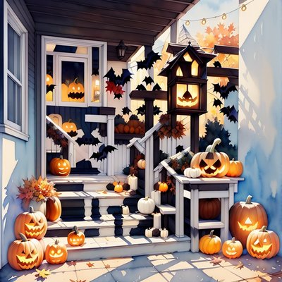 Halloween Porch Pumpkins Watercolor QR Code for Greeting Cards