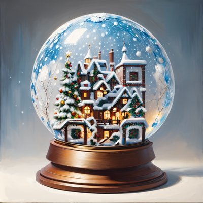 Деревня в снежном шаре, масляная живопись: QR-код для открыток