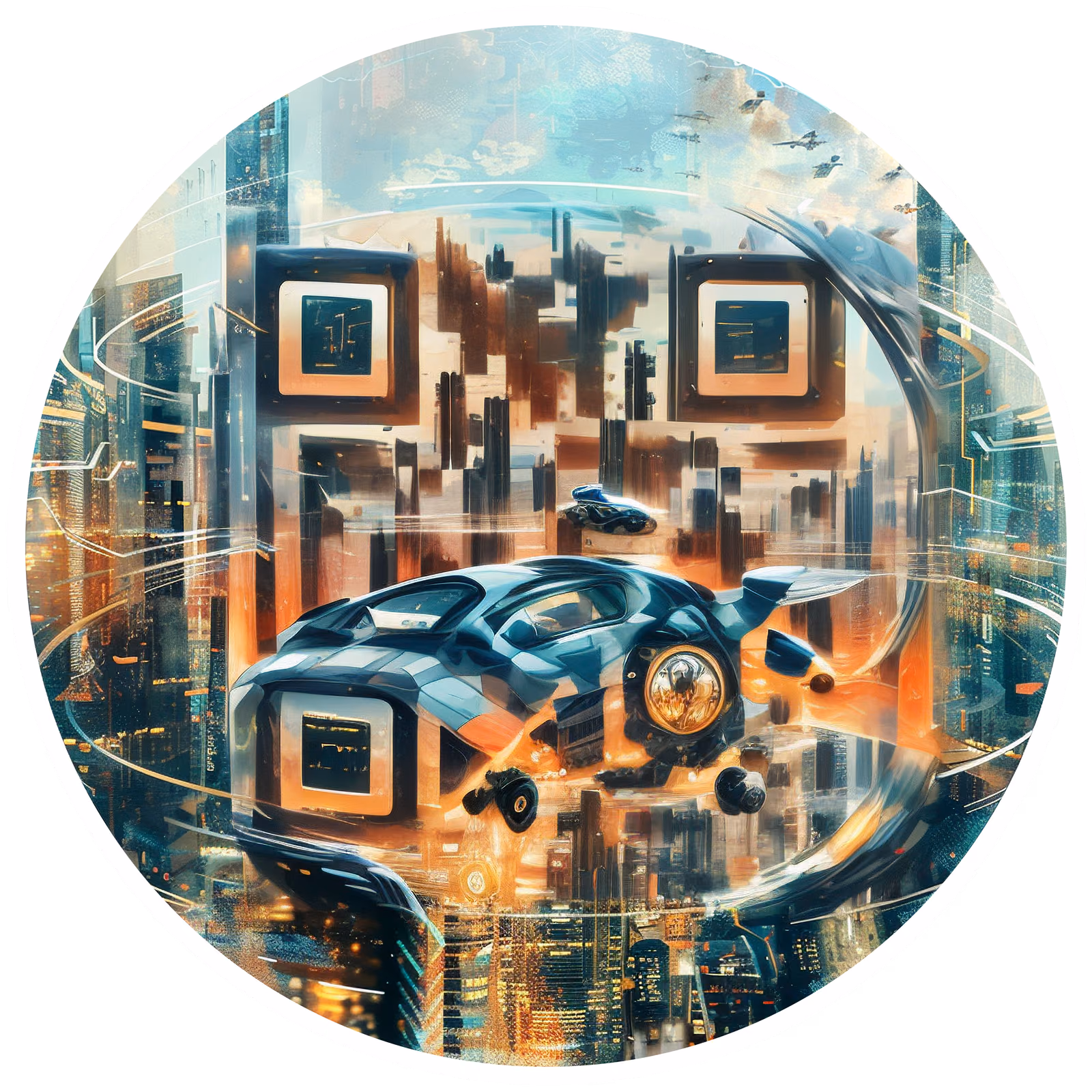 Flying Car Futuristic City Retrofuturism QR Code for Stickers — image 1