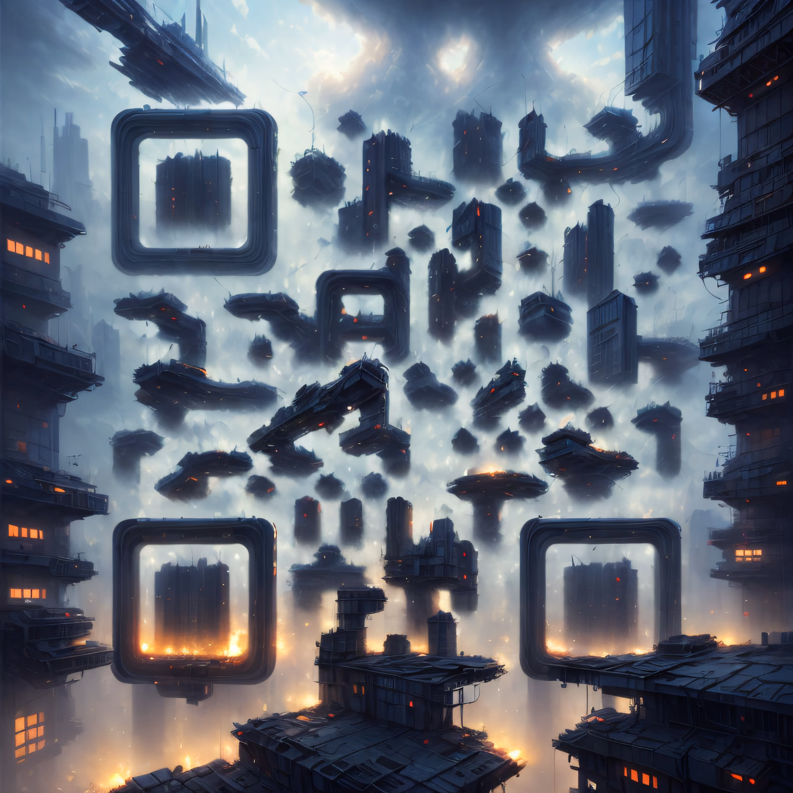 QR-код: футуристический дымный город, цифровая сцена — изображение 1