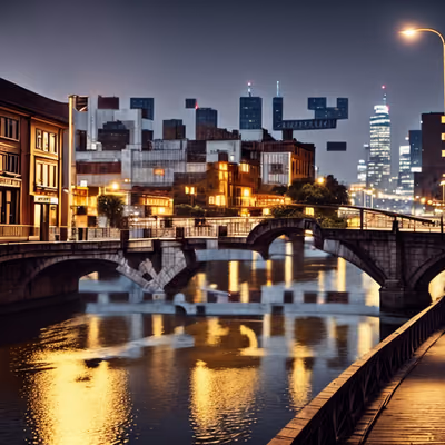 Night River Bridge City Photo QR Code Art — image 1
