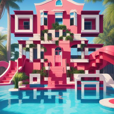 粉色泳池别墅3D渲染二维码艺术,适用于海报