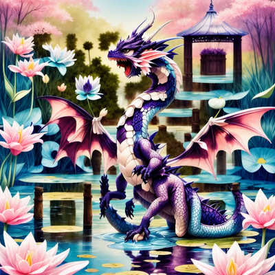 Purple Dragon Lily Pond Fantasy QR Code Art — image 1