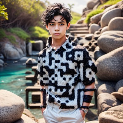 Boy in Patterned Shirt Portrait QR Code for Apparel