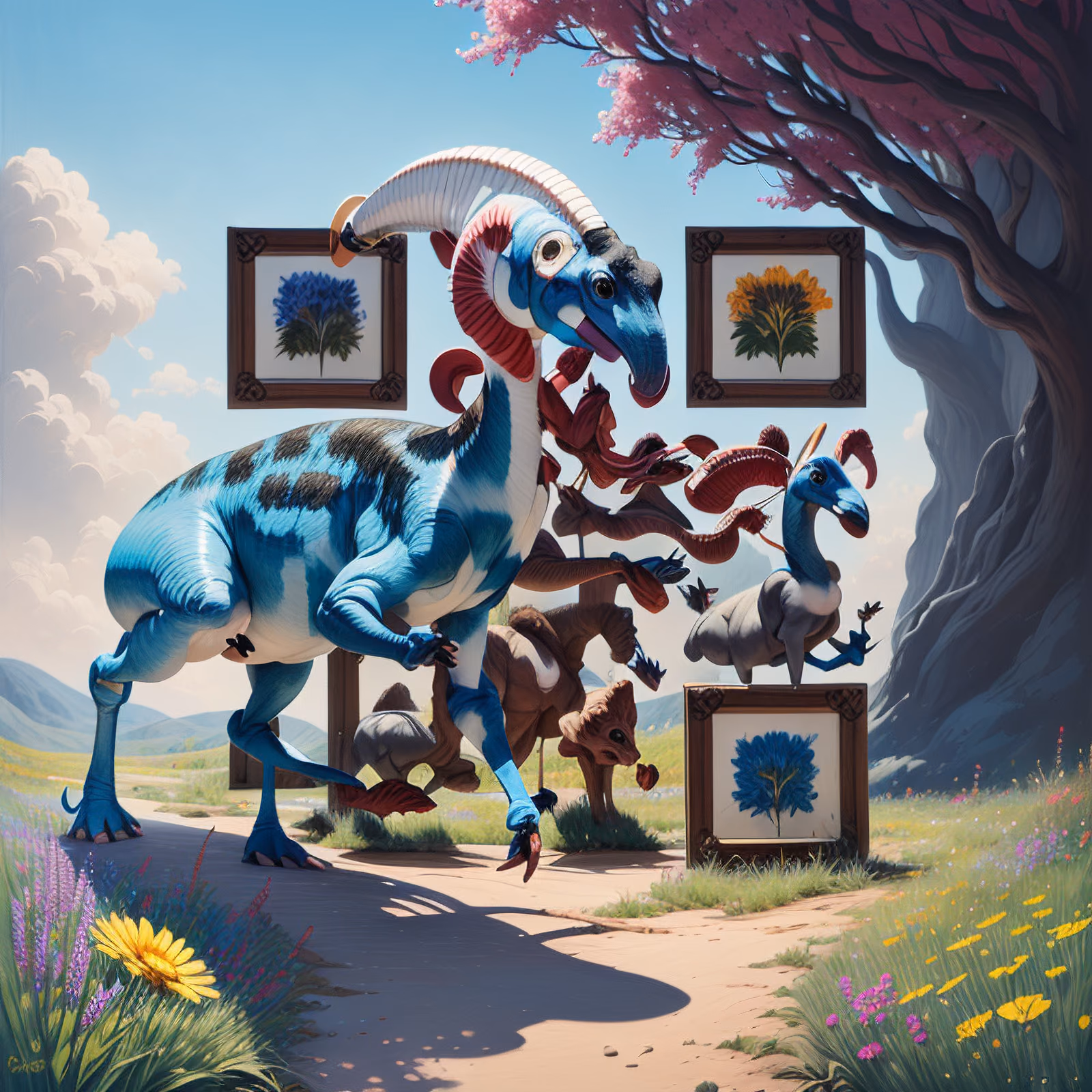 Blue Parasaurolophus Meadow Painting QR Code Art — image 1