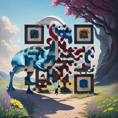 Blue Parasaurolophus Meadow Painting QR Code Art