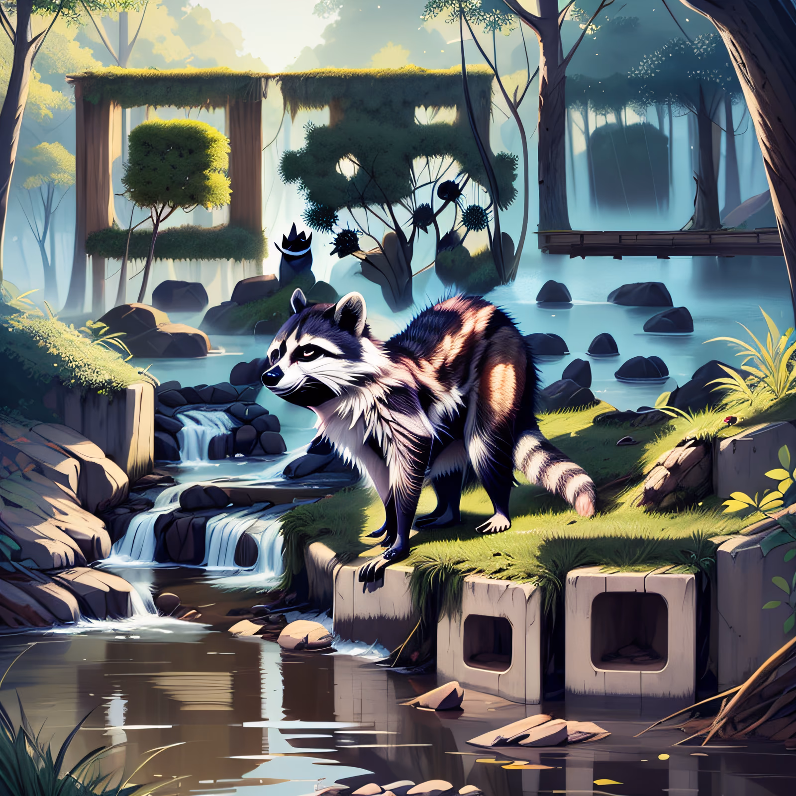 Raccoon Riverbank Forest Digital Painting QR Code Art — image 1