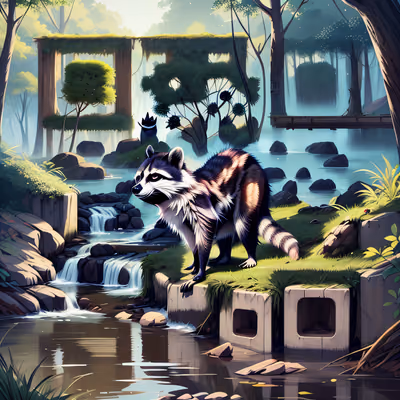Raccoon Riverbank Forest Digital Painting QR Code Art — image 1