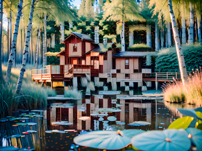 Lakeside Red Cottage Birch Photography QR Code Art — image 1