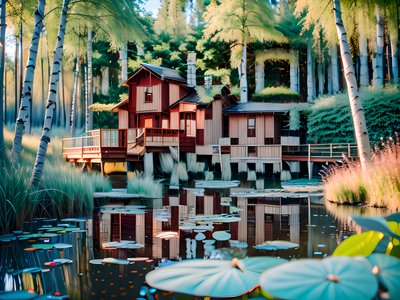 Lakeside Red Cottage Birch Photography QR Code Art