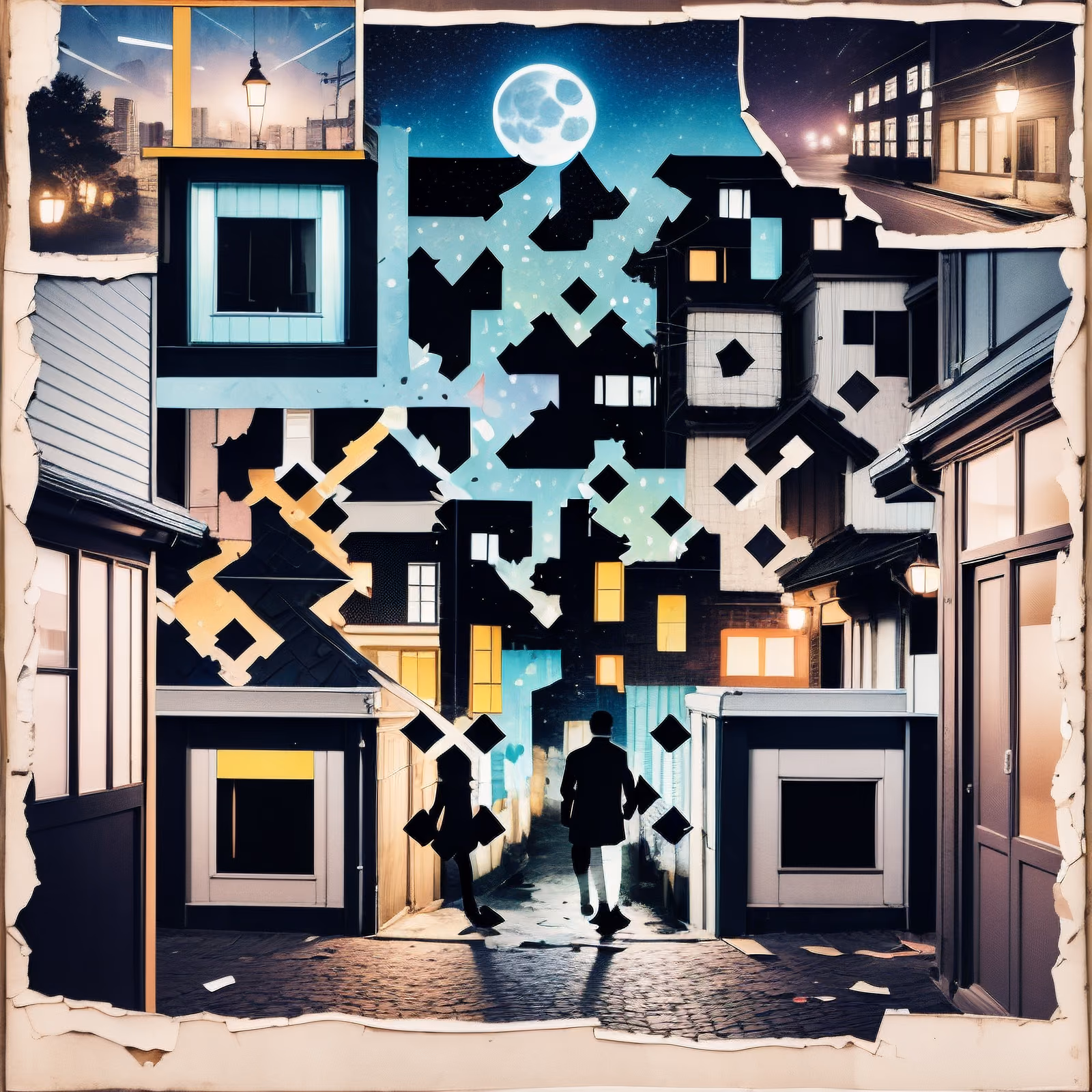 Moonlit Night Street Paper Collage QR Code for Posters — image 1