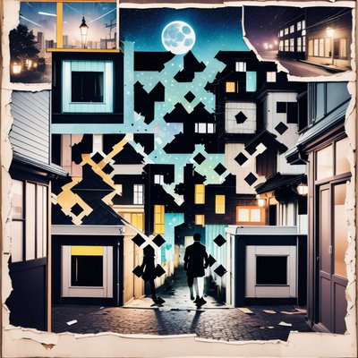 Лунная ночная улица: QR-код в стиле бумажного коллажа для постеров