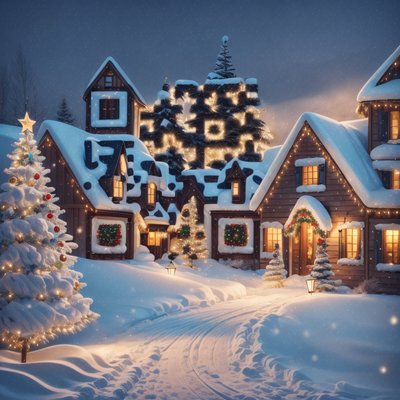 Snowy Christmas Village Night QR Code for Greeting Cards