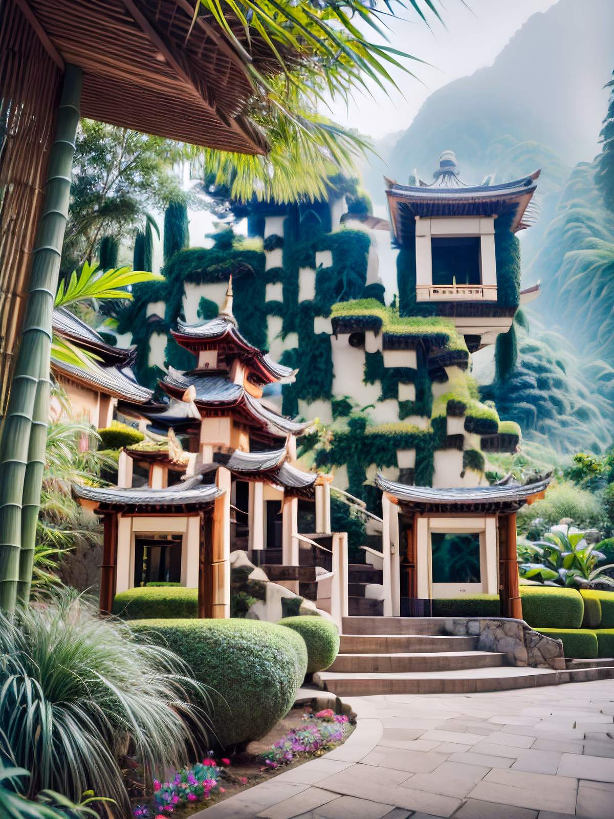 Ivy Covered Pagoda Garden Photorealistic QR Code Art — image 1