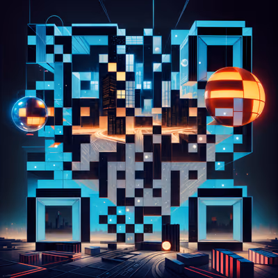 超现实立方体城市与发光球体二维码艺术 — 图片 1