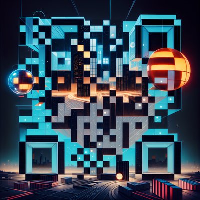Surreal Cube Cityscape Glowing Spheres QR Code Art