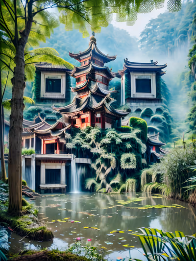 Пагода у туманного пруда, фотореалистичный QR-код — изображение 1