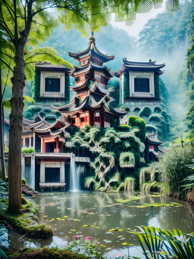 Misty Pagoda Pond Photorealistic QR Code Art