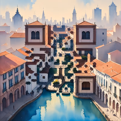 Colonial Canal Town Watercolor QR Code Art — image 1