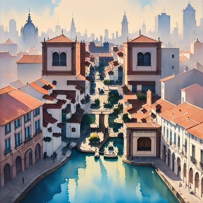 Колониальный город с каналом в акварели: QR-код