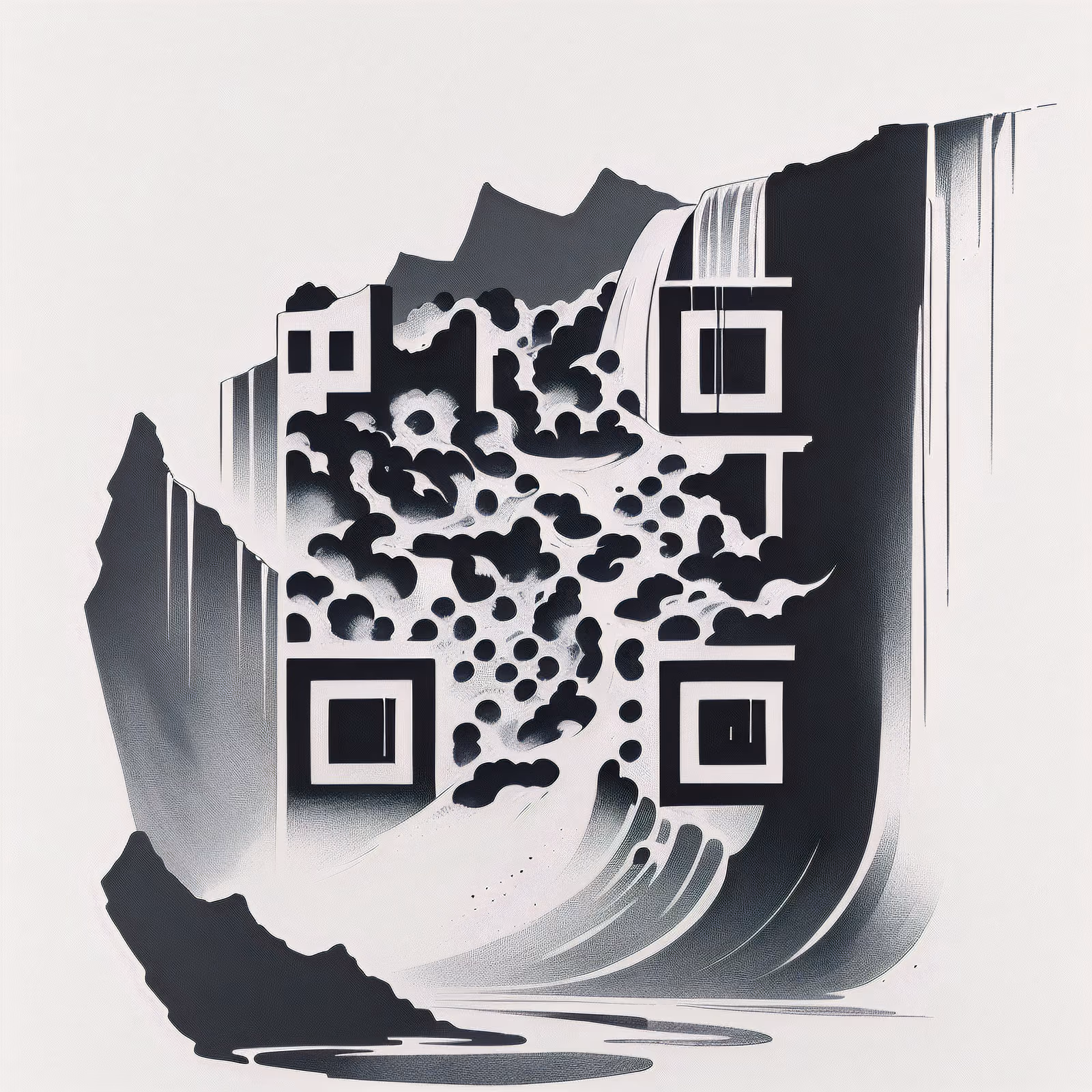 Водопад на скалистом утёсе в технике чернил: QR-код для временных татуировок — изображение 1