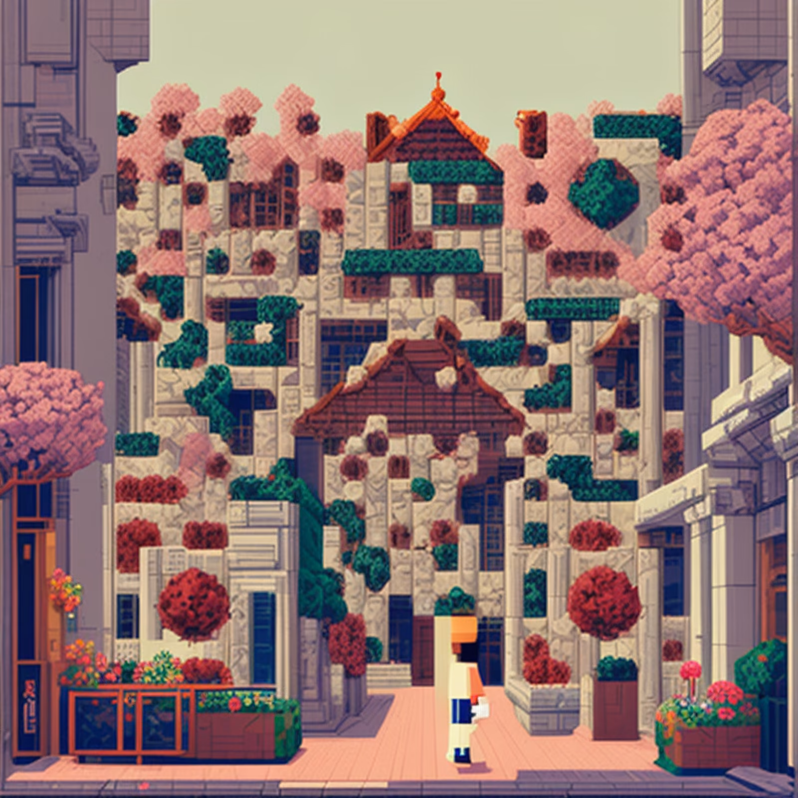 Pixel Art Blossom Street Building QR Code for Posters — image 1