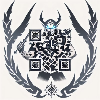 长角符文战士纹身风格二维码艺术,适用于服饰
