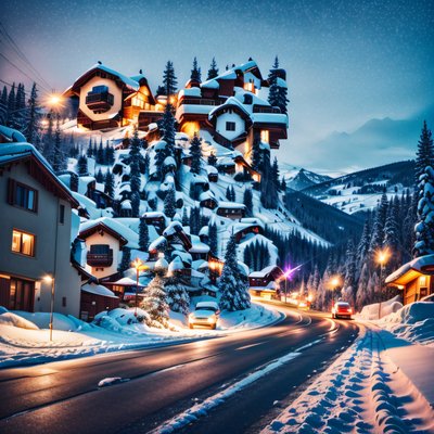 Snowy Mountain Village Night QR Code Art