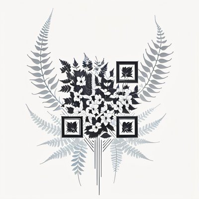 蕨叶与兰花纹身风格二维码艺术,适用于临时纹身