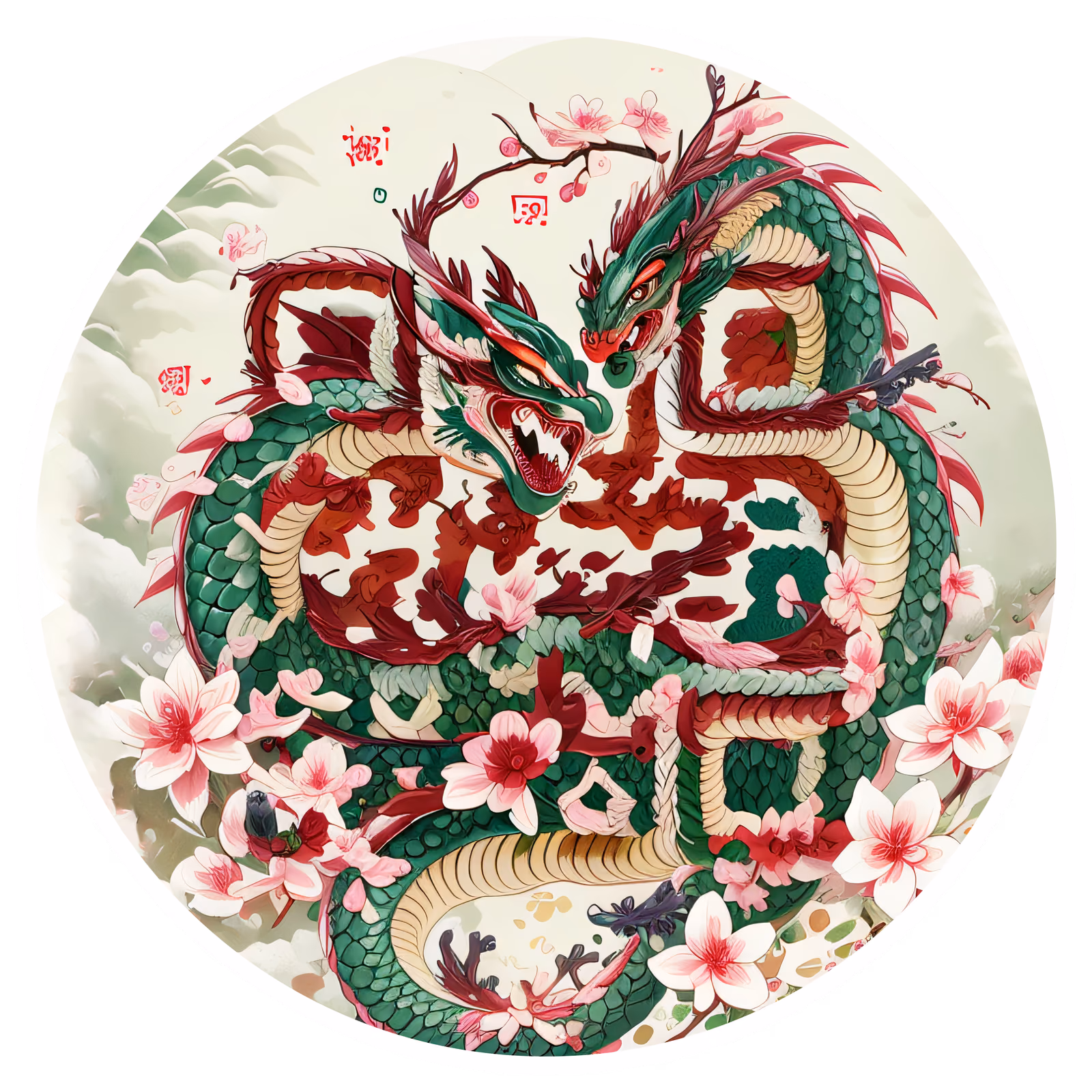 东方双龙樱花矢量二维码设计,适用于贴纸 — 图片 1