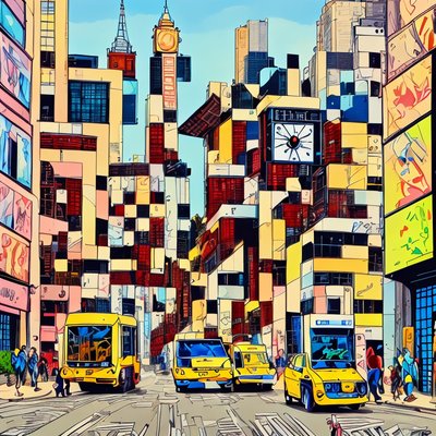 Comic Style City Street Taxis QR Code for Posters
