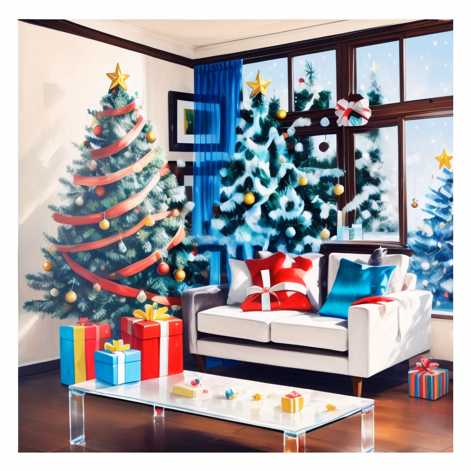 Christmas Living Room Painting Christmas Tree QR Code for Greeting Cards — image 1