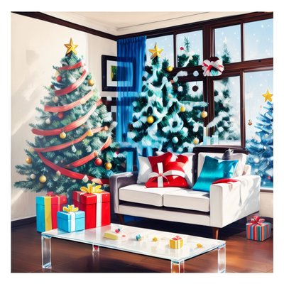 Christmas Living Room Painting Christmas Tree QR Code for Greeting Cards