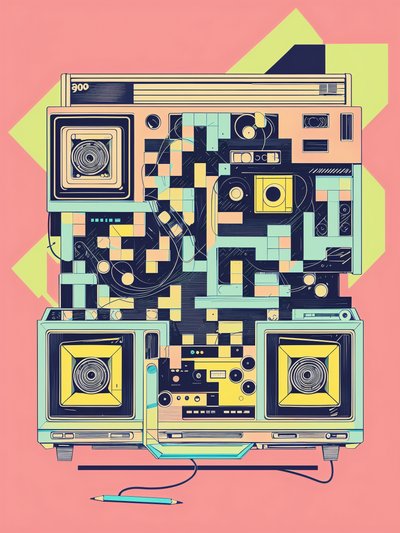 Retro Boombox Memphis Style QR Code for Posters