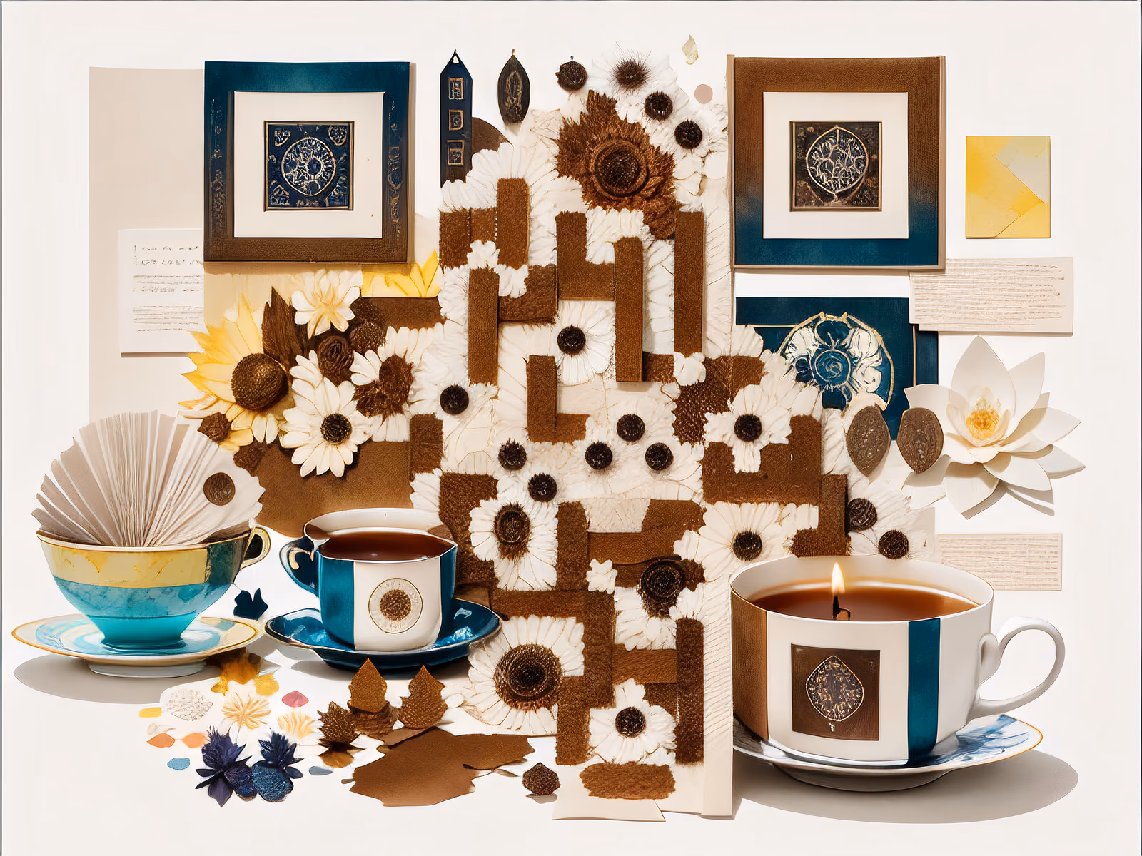 Чайные чашки и бумажные цветы, коллаж, QR-код как искусство — изображение 1