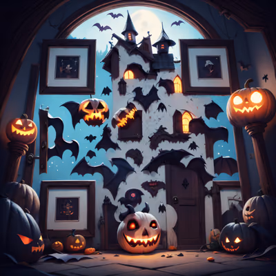 Haunted House Pumpkins Cartoon Bat QR Code for Posters — image 1