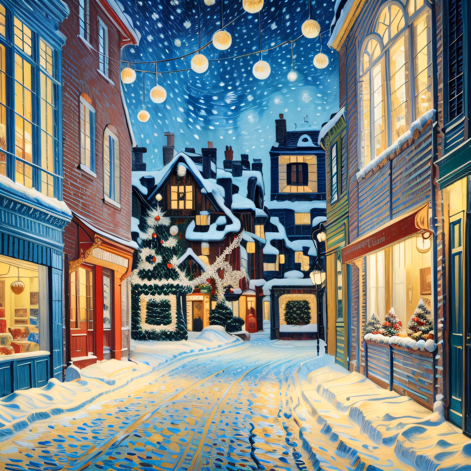 Snowy Christmas Street Oil Painting QR Code for Greeting Cards — image 1