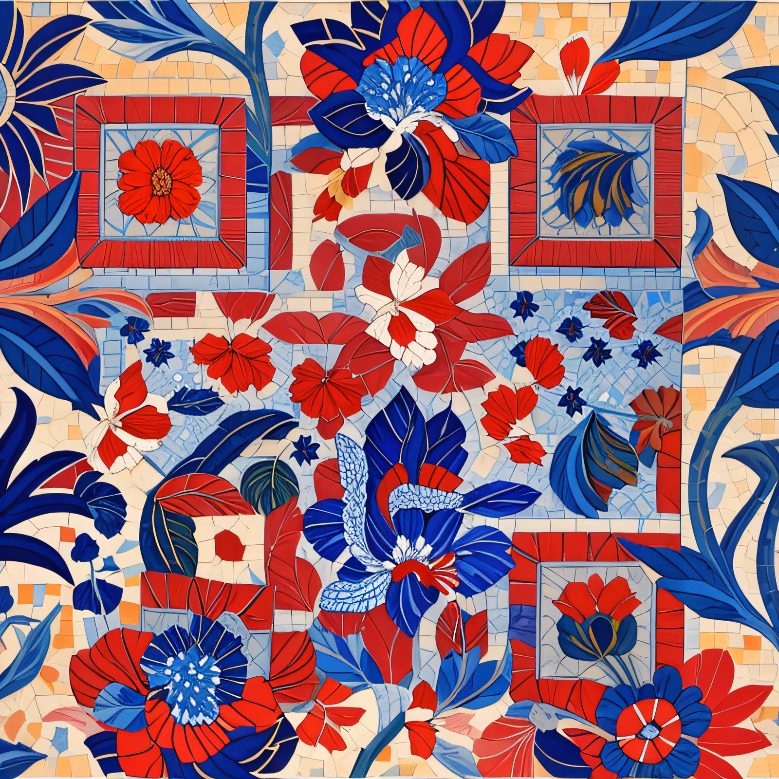 Red Blue Floral Tile Mosaic QR Code Art — image 1