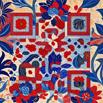 Red Blue Floral Tile Mosaic QR Code Art