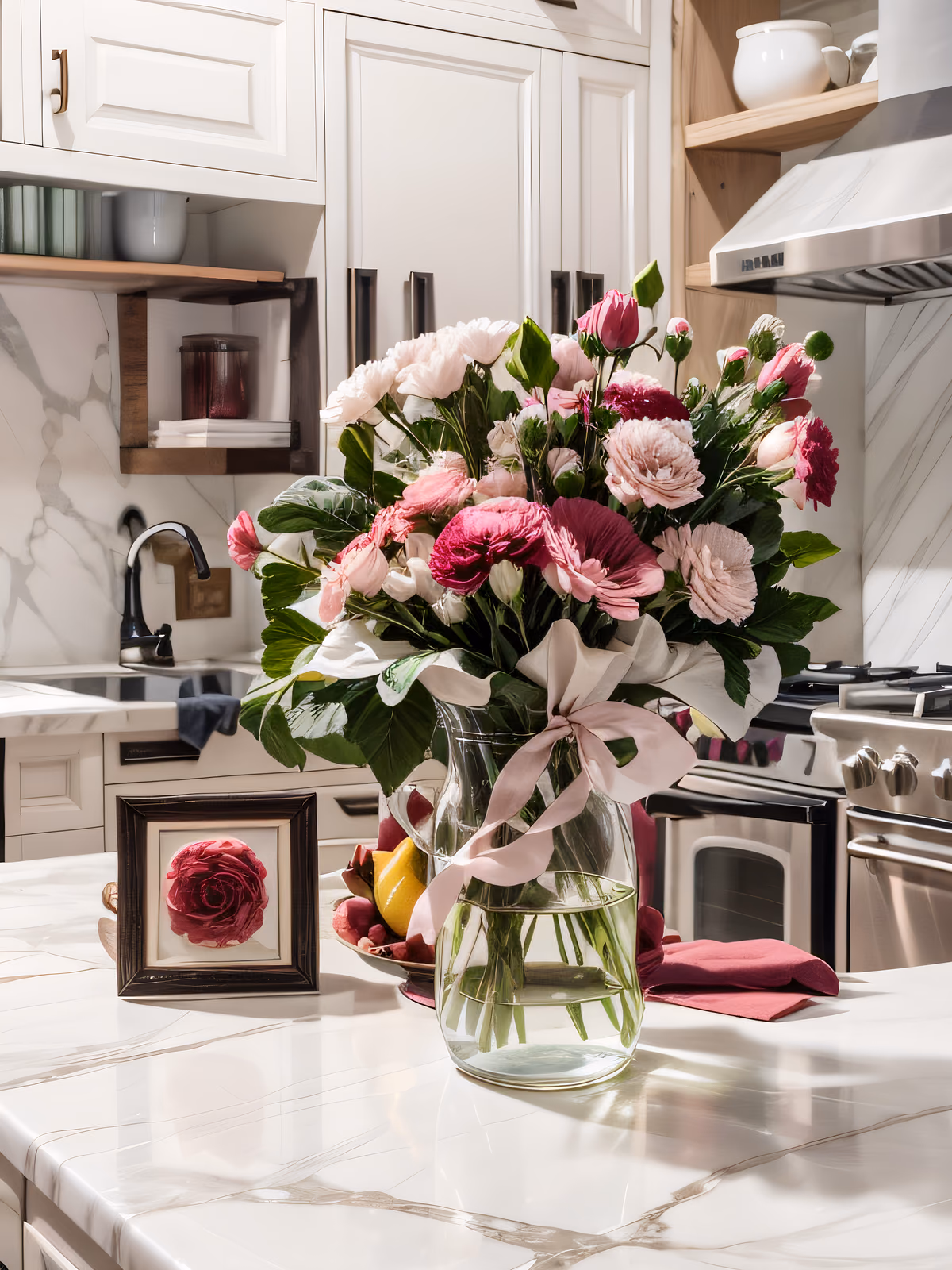 Pink Carnation Bouquet Marble Kitchen QR Code Art — image 1
