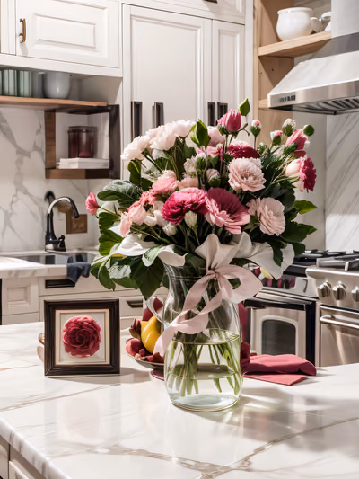 Pink Carnation Bouquet Marble Kitchen QR Code Art — image 1